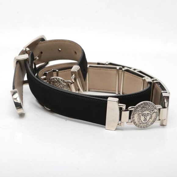 Vintage Avanti Leather Medusa Head Belt Silver Chain Black Italy Metal Hardware - Picture 4 of 13